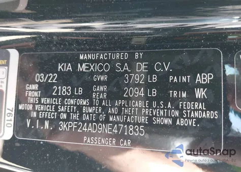 2022 Kia Forte Lxs z USA, uszkodzony, nr VIN 3KPF24AD9NE471835